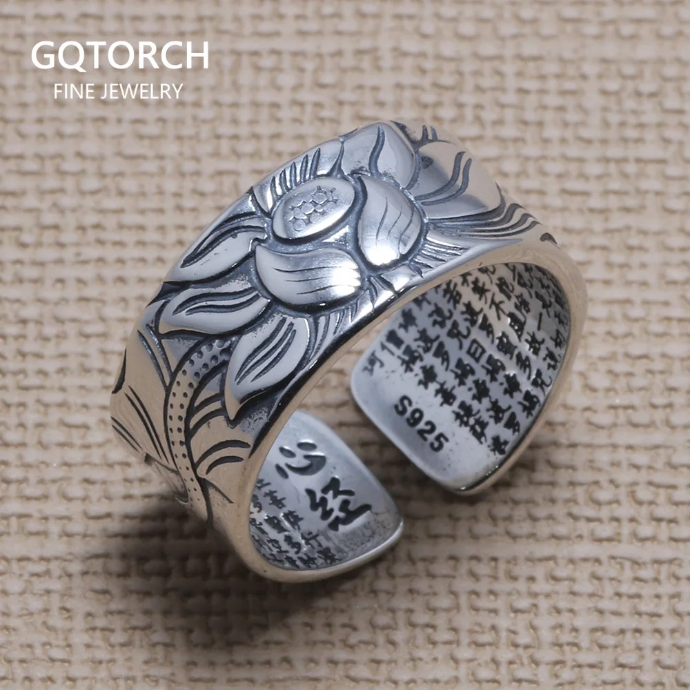 

Real 925 Sterling Silver Lotus Rings For Men And Women HEART SUTRA Scriptures Engraved Buddhism Jewelry Size 5-13