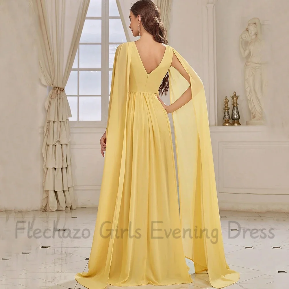 Elegant Chiffon Party Gowns V-Neck with Pleat and Applique A-Line Floor Length Cape Long Sleeves Sexy Side Slit Party Gowns