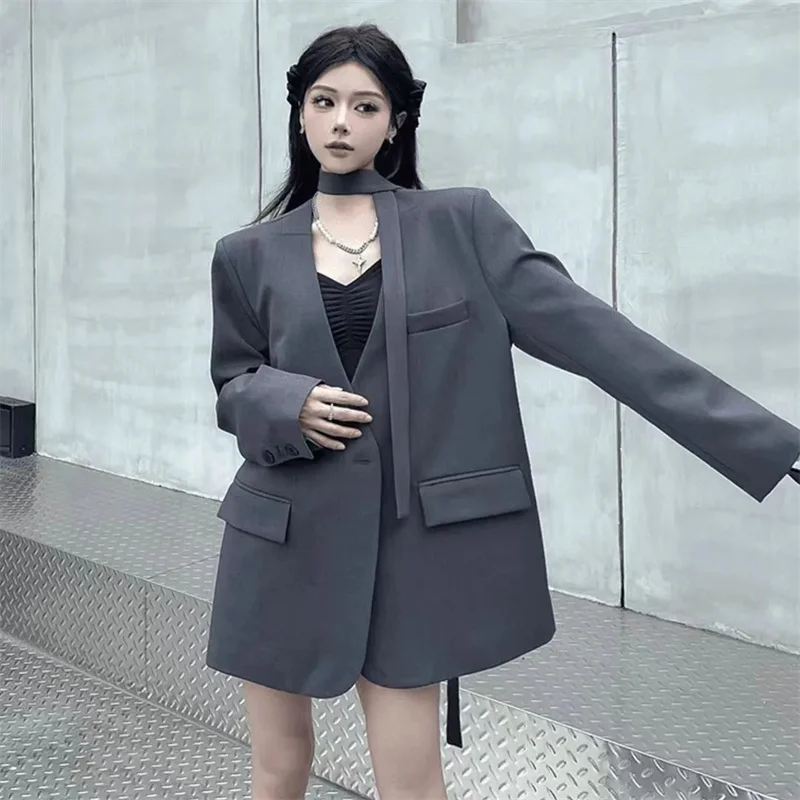 

Single Breasted Coat Women's V Neck Scarf With Long Sleeve Waist-Cinching Blazer Jacket Lady Casual Slim Commute Coat