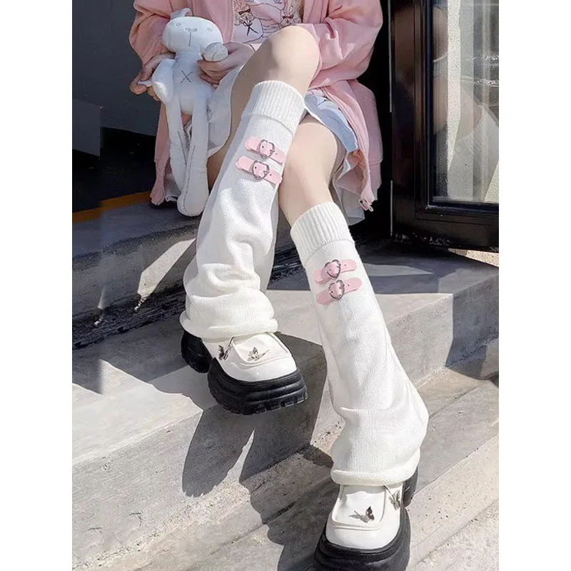 Y2k Knitted Loose Leg Warmers Heart Leather Buckle Thermal Pile-up Socks Women Autumn and Winter Harajuku Subculture Leg Covers