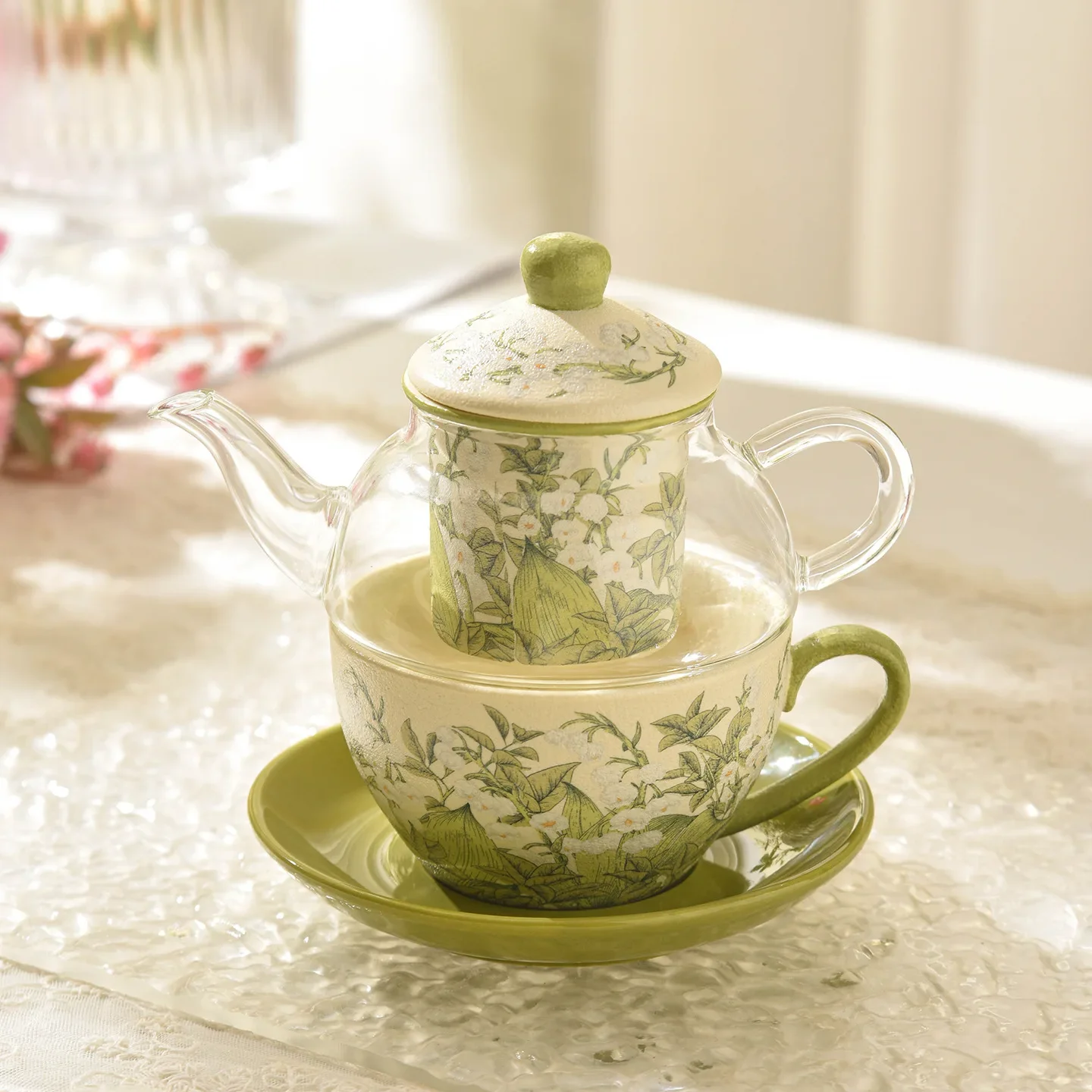 Lily of the Valley Nesting Teapot Set,English Ceramic Tea Set with Glass Teapot, Afternoon Tea Gift,Luxury Porcelain Tea Service view 3