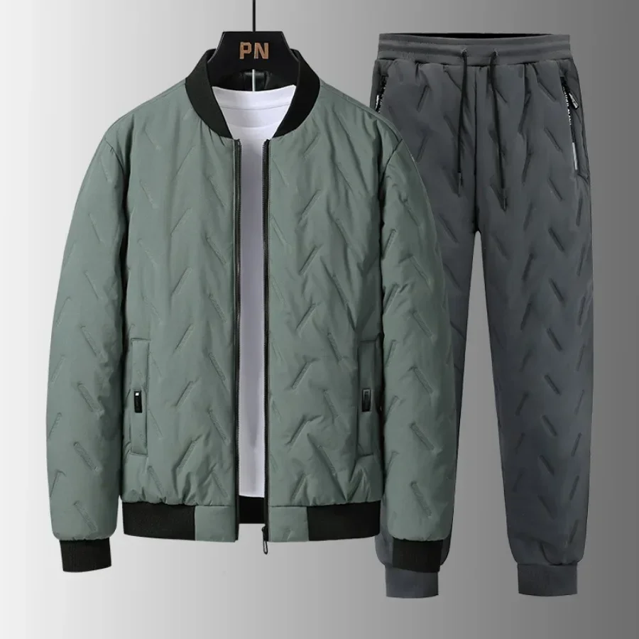 2025 Men's Puffer Cotton-padded Sets Korean Style Thicker Cotton Jacket +Lamb Fleece Pants 2 Piece Suits Men's Winter Warm Sets
