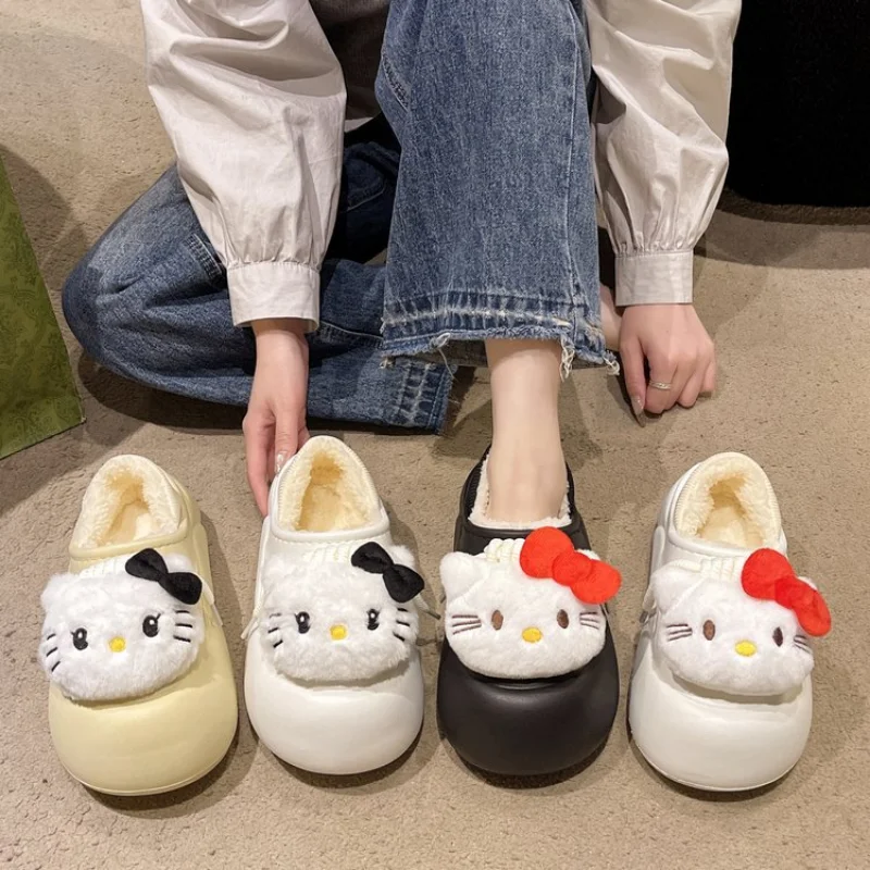 Sanurgente Hello Kitty-Pantoufles en coton imperméables pour la maison, chaussures à plateforme, sac chaud en peluche, dessin animé décontracté, tête, automne et hiver, 600