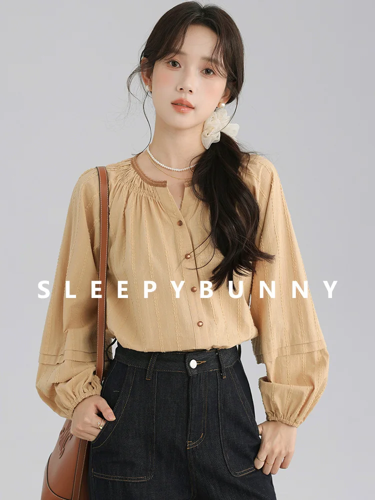 French Lace Trim Lantern Sleeve Blouse Women Spring&Fall Loose Fit Round Neck Shirt Vintage Contrast Design Casual Elegant Tops