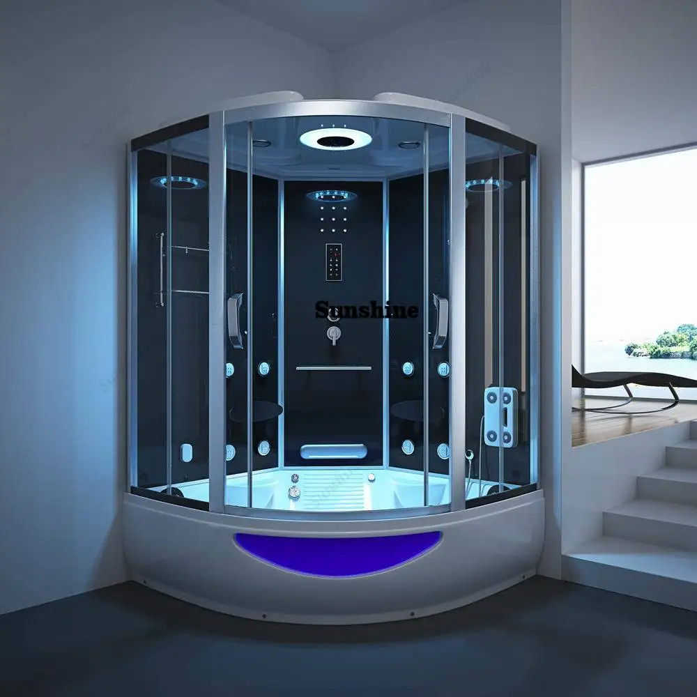 

Luxury Bathroom Black Sector Sliding Type Steam Shower Cabin Room with whirlpool Bathtub