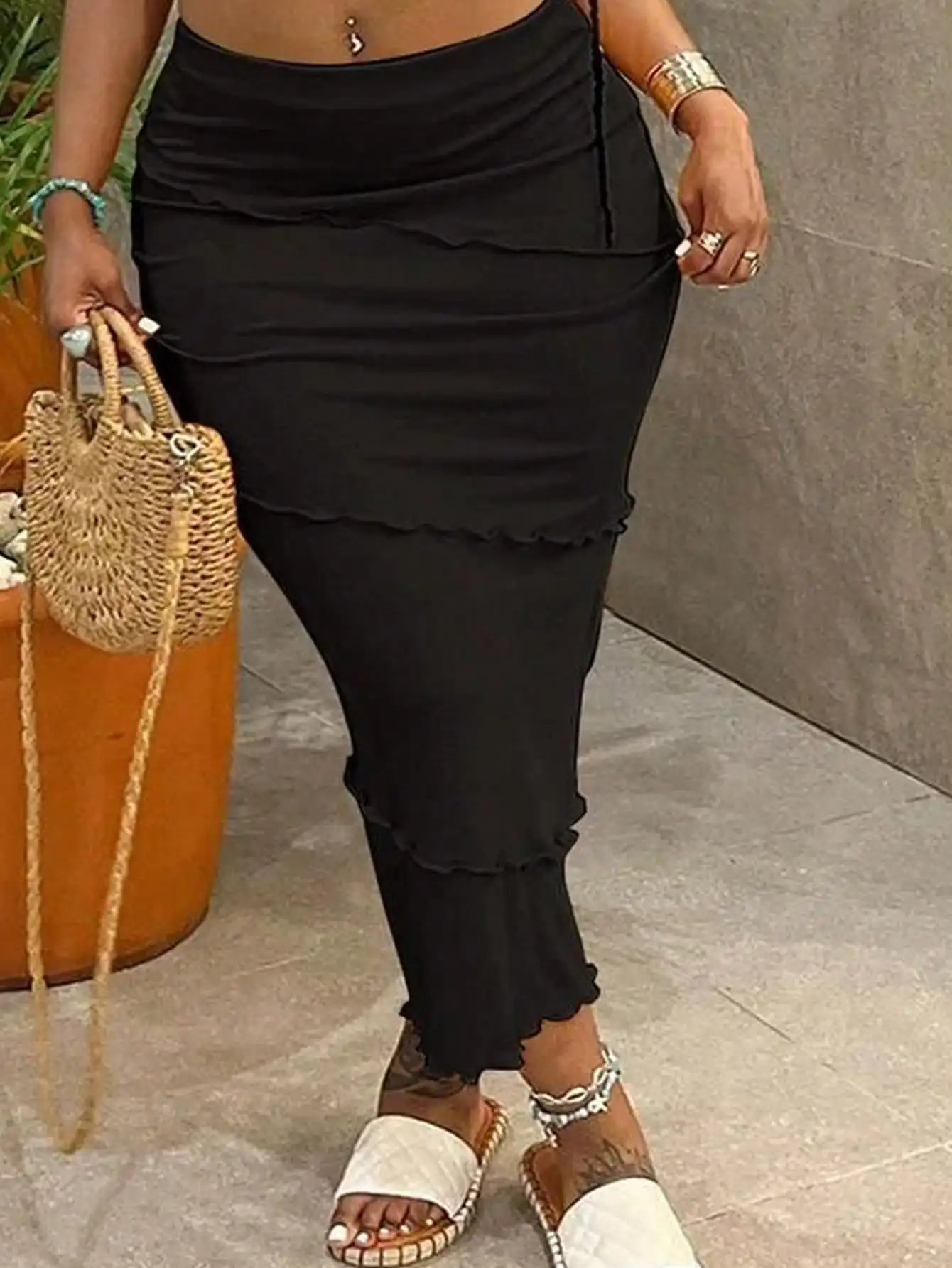 

Юбка миди черного цвета с оборками и многослойным дизайном для женщин больших размеров, летняя повседневная облегающая юбка из фактурной ткани