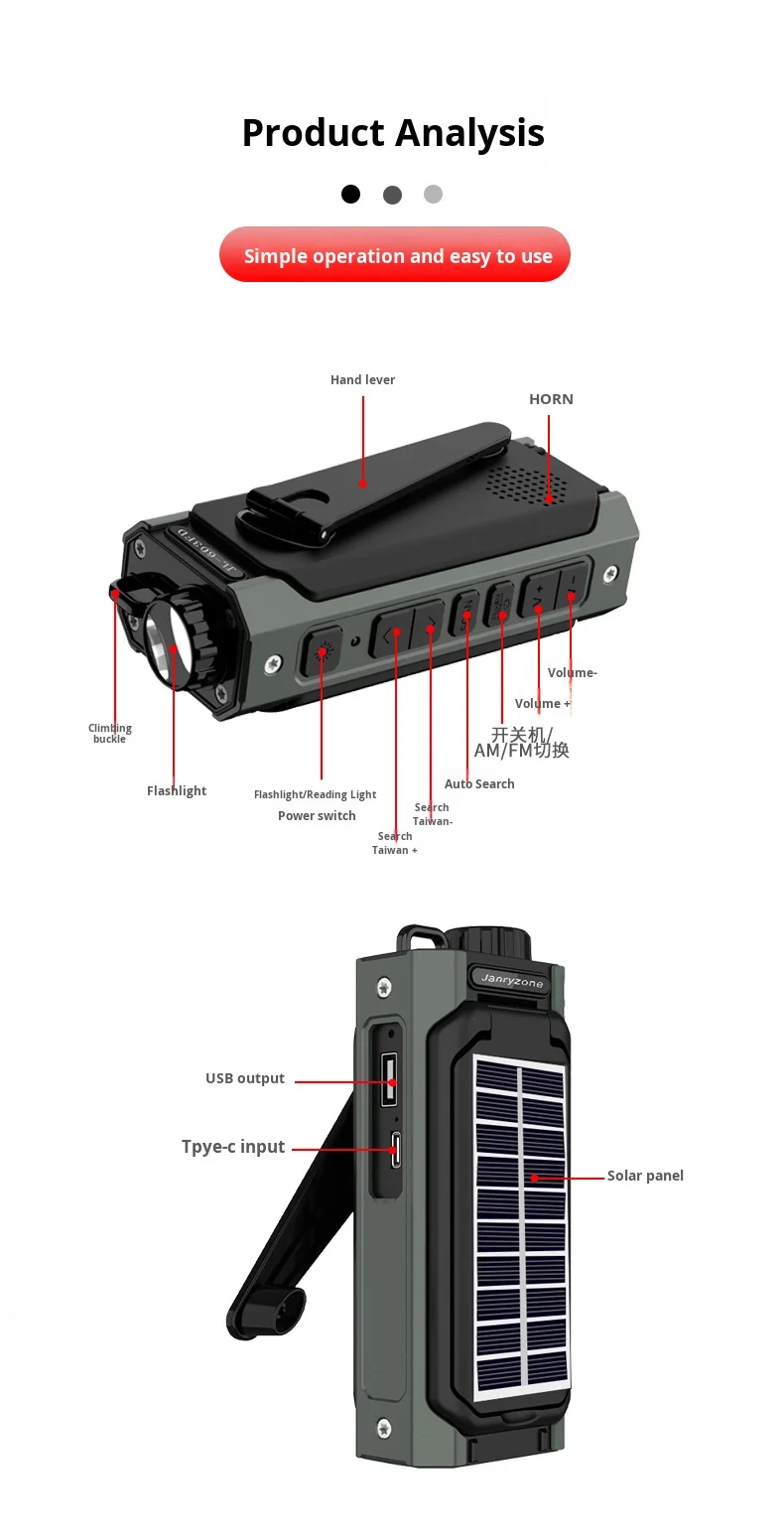 2026 Emergency AM/FM Radio With Power Bank USB Solar Hand Crank Charging Battery Operated SOS Alarm & Flashlight For Indoor/Outd