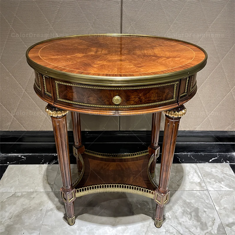 

Hot Sales Solid Wood Carved Furniture Luxury Living Room Round Wood End Table End Table With Drawers