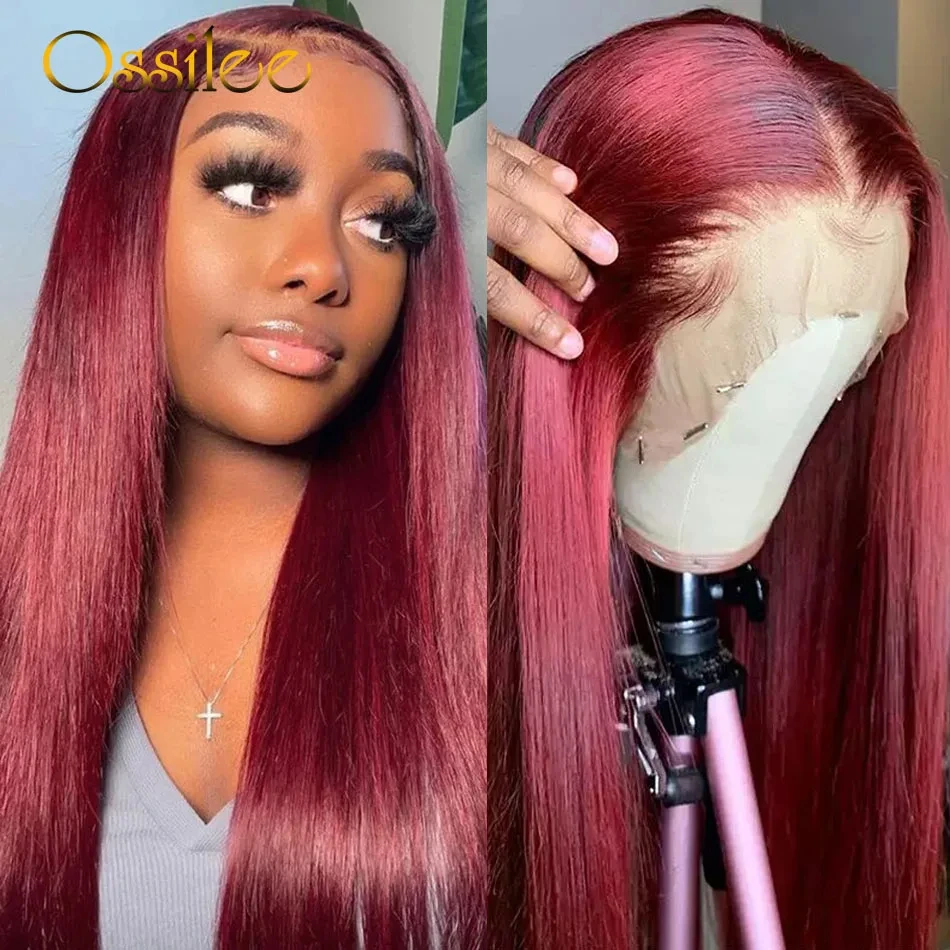 

Burgundy Lace Front Wig Straight Human Hair 13x4 Lace Frontal Wig Pre Plucked 13x6 HD Transparent Lace Frontal Wig Ossilee