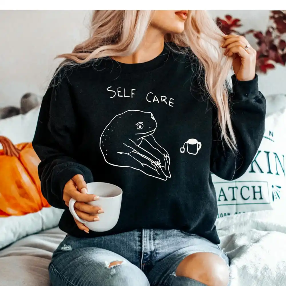 Women Y2K Top Retro Sweatshirt Funny Frog Self Care Sweatshirt Fantasy Birthday Gift for He Cottagecore Frog Sweatshirt Streety