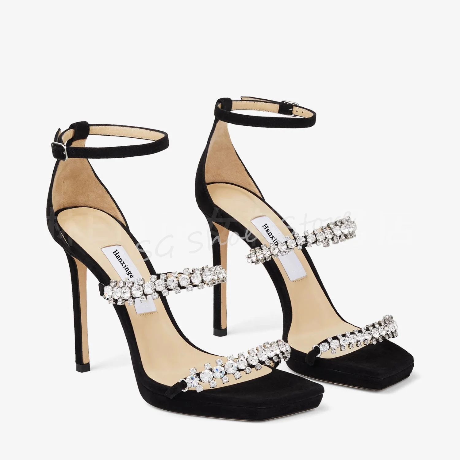 

Luxury Rhinestones Chain One Strap Sandals for Women Square Toe Thin Heel Chunky Platfrom Pumps Ladies Dress Hight Heels Shoes