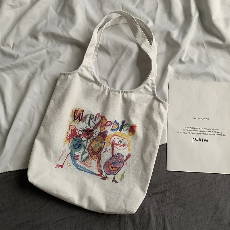 New Japanese Tote Shopping Bag for Lady 2023 Literary Cartoon Canvas Shoulder Bag Women Students Cotton Cloth Eco Shopper Bag