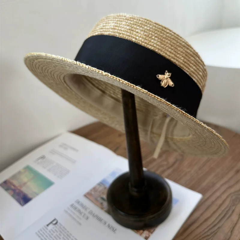 

Summer Straw Hat Bee 2026 New Flat Top French Straw Hat Elegant Women's Outdoor Vacation Sun Hat Summer Hat 모자 gorras beach