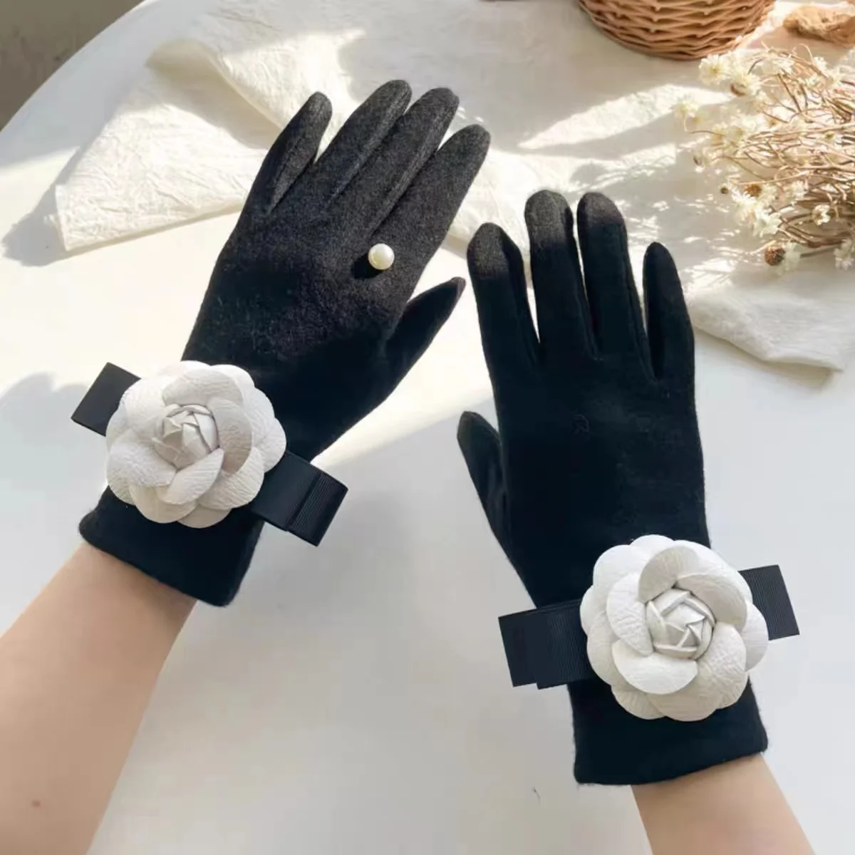 Y2k-guantes de lana con estampado de flores para mujer, manoplas cálidas para conducir, pantalla táctil, Invierno