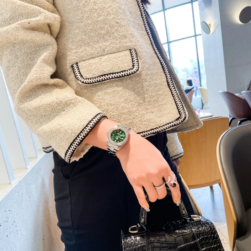 Роскошные брендовые водонепроницаемые часы, классический зеленый циферблат, бриллиантовый Безель, нержавеющая сталь, кожа, женские наручные часы