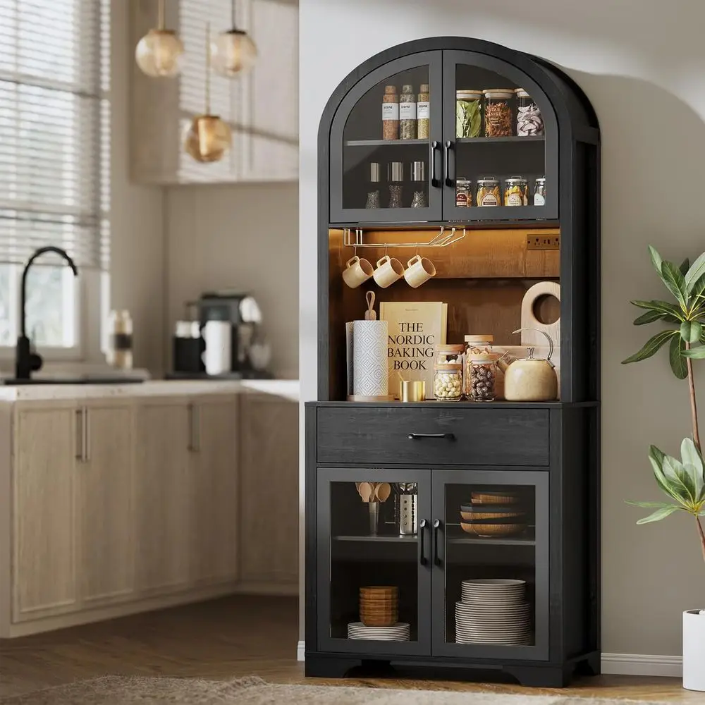 

75 Arched Pantry Cabinet with Charging Station, LED Light, and Adjustable Shelves for Kitchen, Coffee Bar, or Dining Room