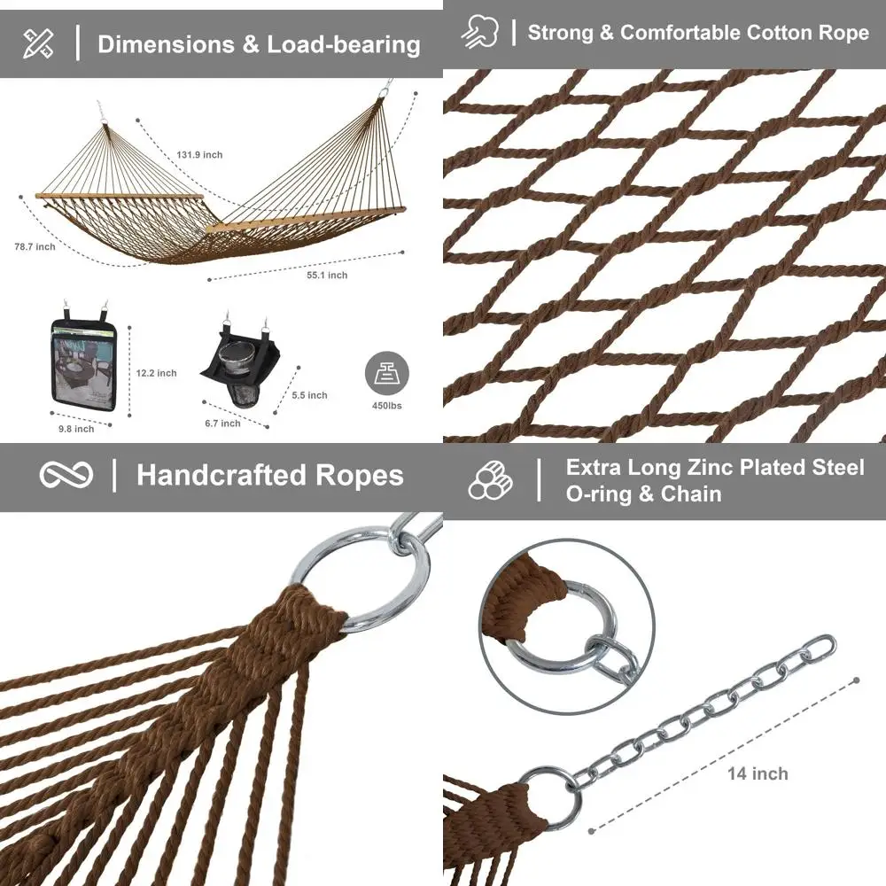 

2 Person Portable Tree Hammock with Carry Bag, Hooks, Magazine & Bottle Holder, Heavy Duty Brown