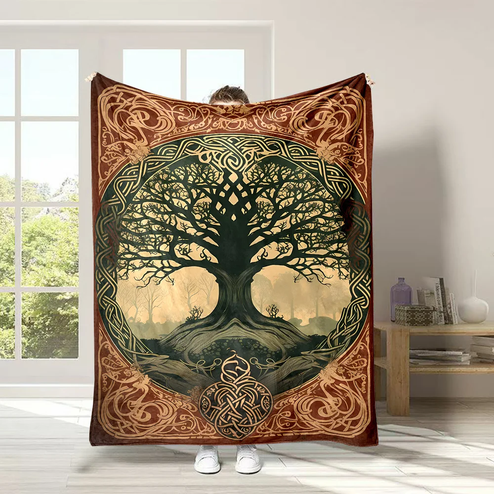 Contemporary Reversible Tree of Life Pattern Throw Blanket, Cartoon Themed, All-Season Flannel Fleece, Digital Print Polyester,