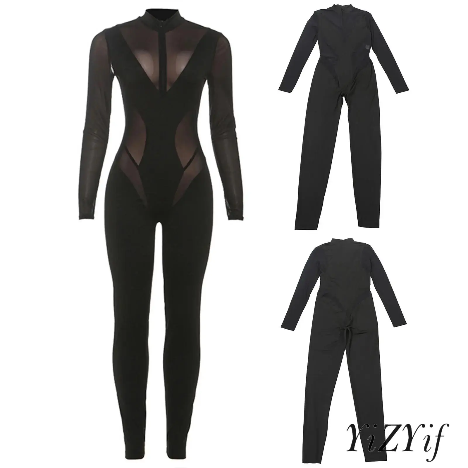 

Womens Gymnastics Figure Skating Bodysuit Front Zip Slim Sheer Mesh Patchwork Jumpsuit Rompers for Jazz Ballet Ballroom Dance