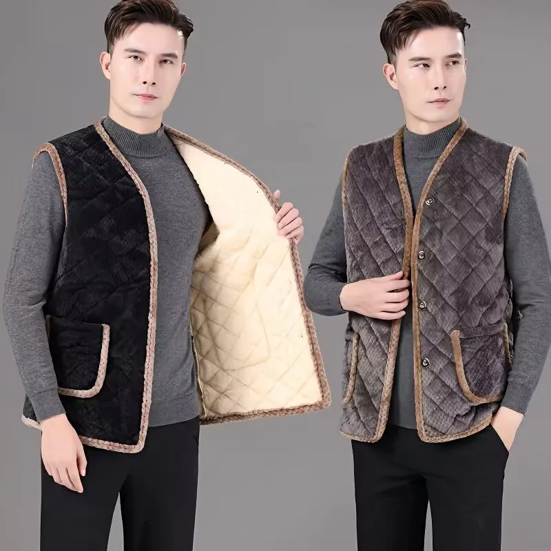 Men's Fleece Waistcoat Male Vintage Keep Warm Fleece Vest 2025 New Autumn Winter Dad's Thick And Warm Cotton Vest Outwear Coat