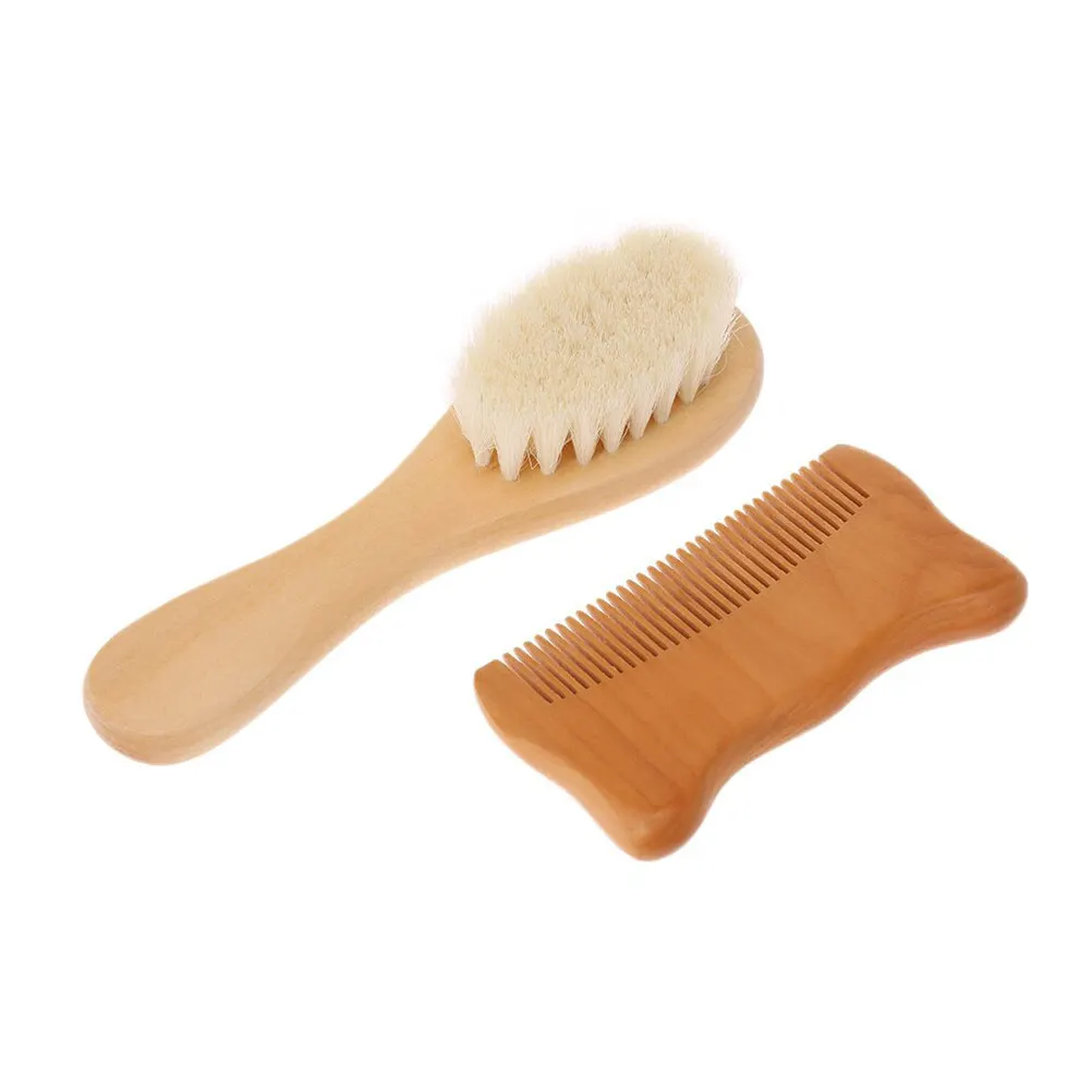 2Pcs Wooden Comb Wool Brush Set Baby Bathing Brush Gentle Scalp Stimulating Detangling Hair Care Natural Material