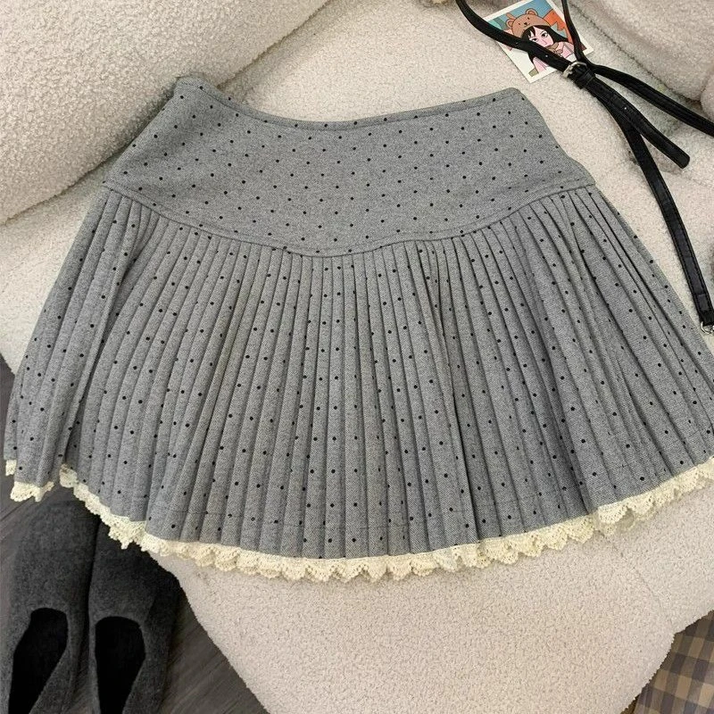 Japanse Kawaii Polka Dot Mini Rok Vrouwen Leuke Boog Kant Patchwork Geplooide Rokken Harajuku Mode Een Lijn Koreaanse Populaire Kleding