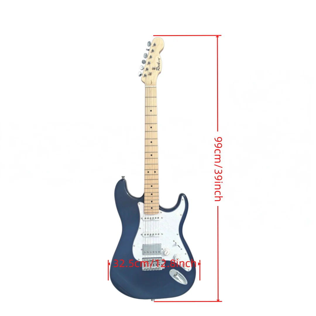 Entry-level blue and white electric guitar with single-coil and humbucker pickups—perfect for practice