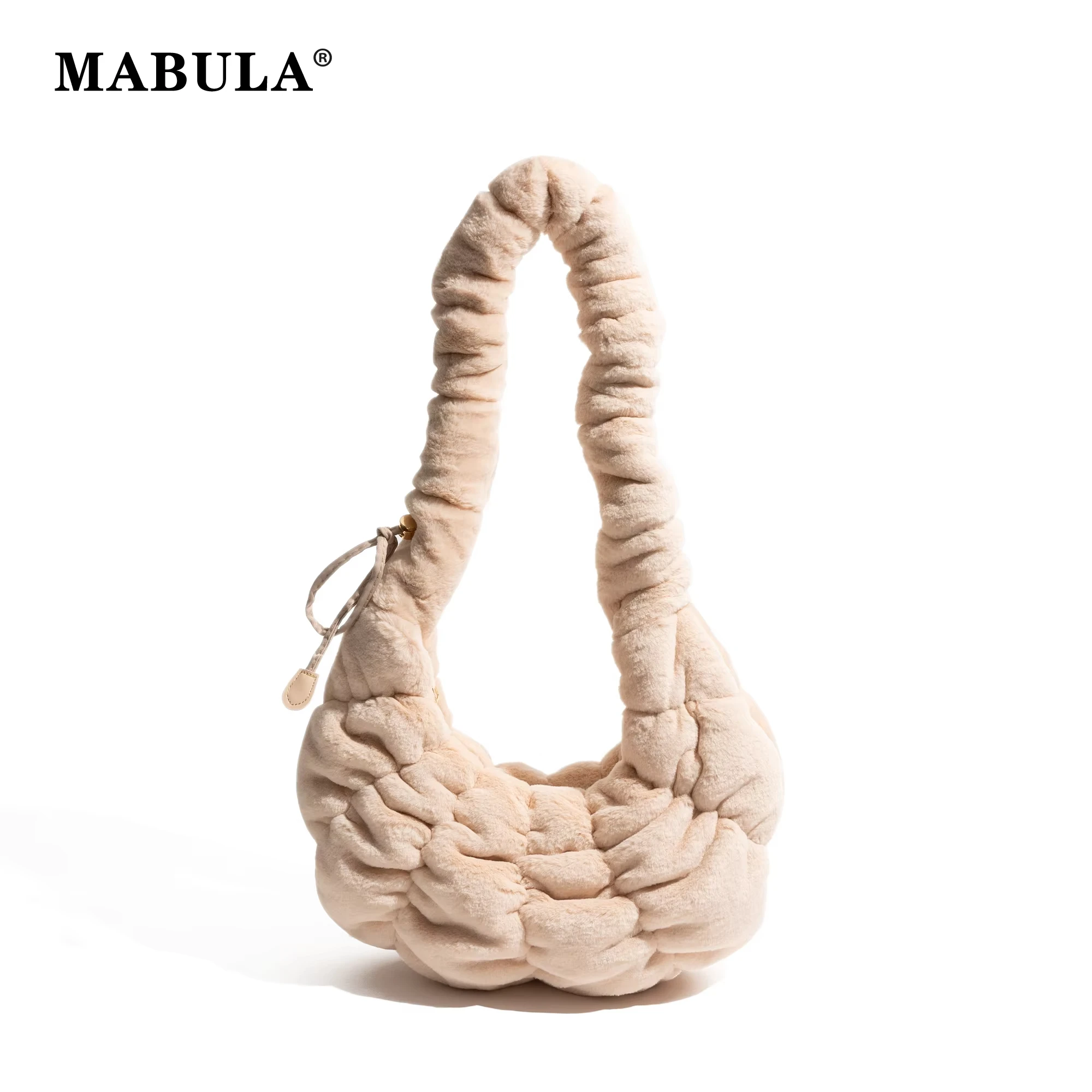 

MABULA Fashion Pleated Strap Underarm Shoulder Pouch Soft Fluffy Fabric Drawstring Design Korean Style Lady Simple Crossbody Bag