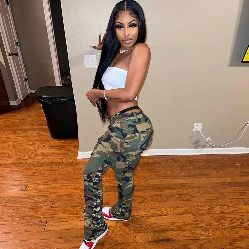 Cargo Pants Women Camouflage Print Straight Trousers Multiple Pockets Button Stretch Mid Waist Female Vintage Streetwear