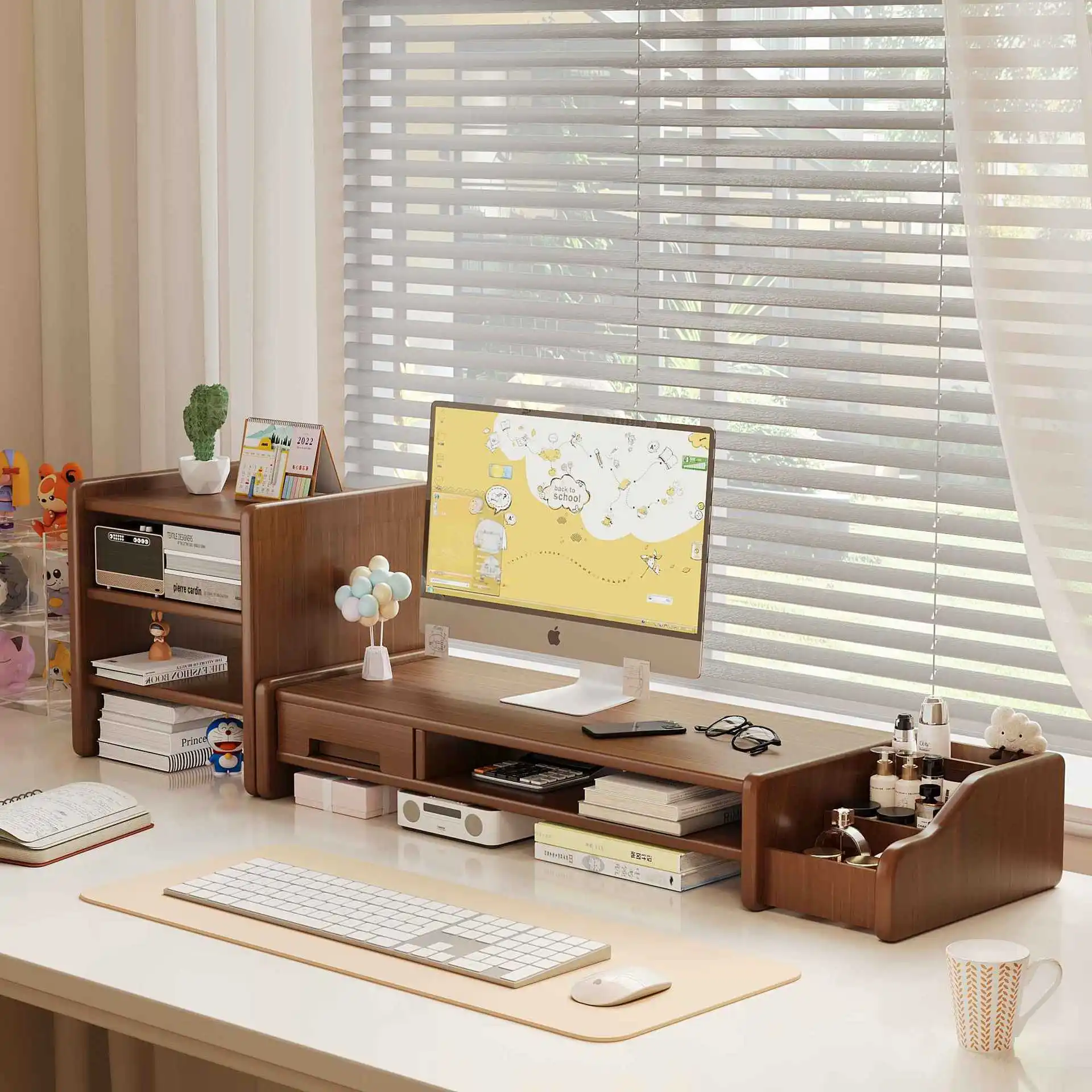 Desktop Workstation Computer Height Stand, Home Office Desktop Storage Rack with Drawers, Monitor Pad, and Stand