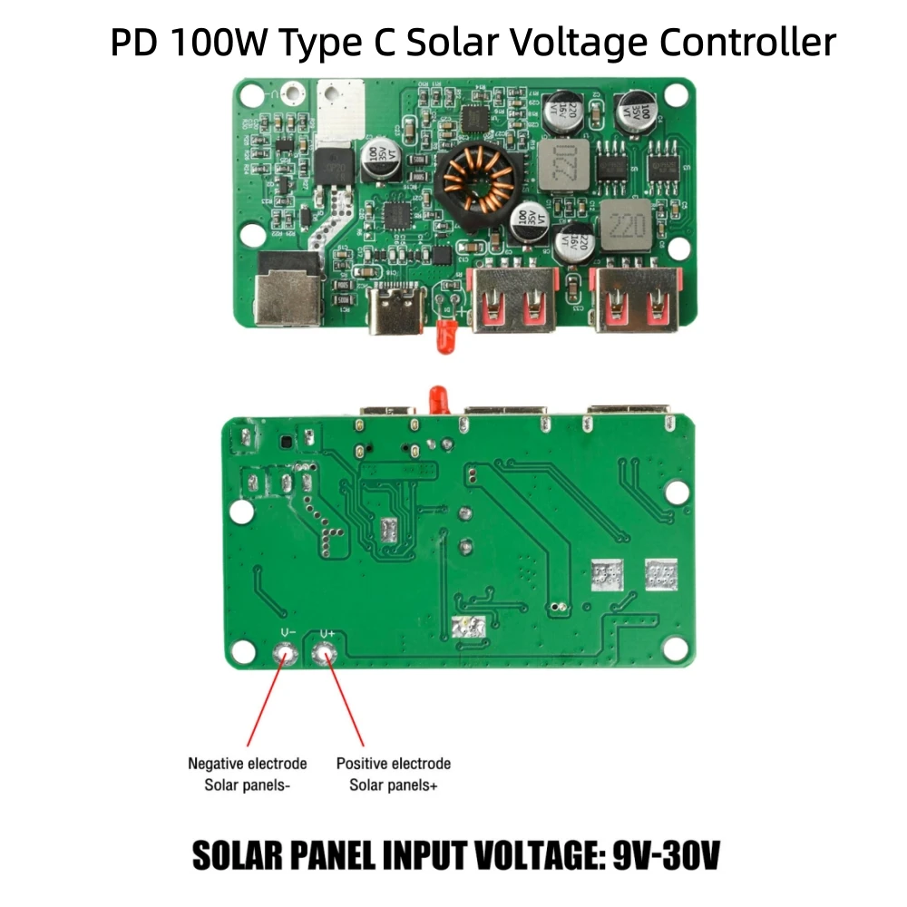 PD 100W Solar Voltage Regulator Controller Dual USB/Type C QC3.0 Fast Charging Protection DIY Voltage Regulator Box 9V-30V