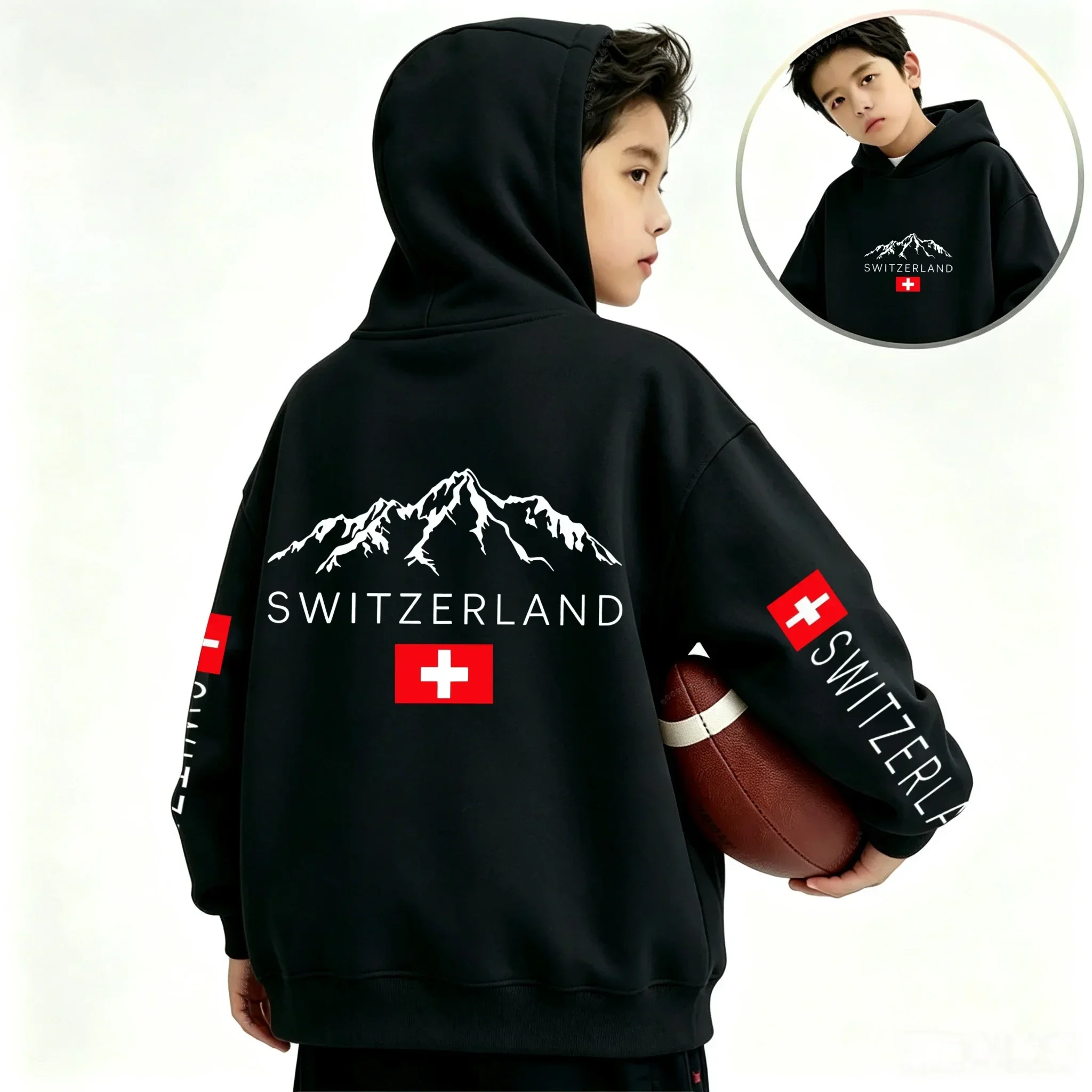 Loose-fitting children's hoodie for autumn and winter, featuring a casual design with Swiss Alps and mountain flag motifs.