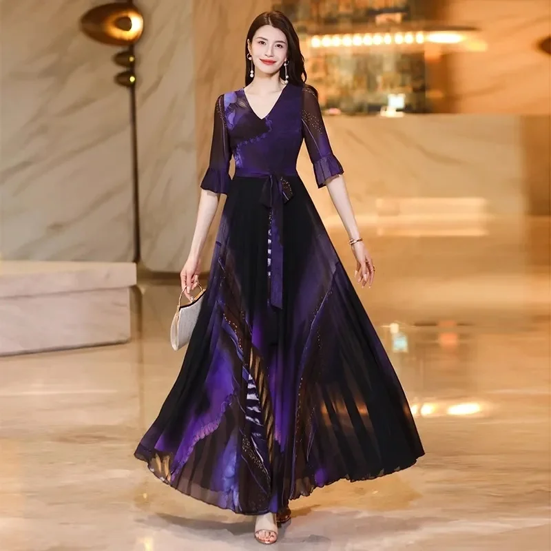 

2024 Summer Women New French High-end Dress Female With A Slim Large Hem With A Waistband Printed Lotus Leaf Sleeves Long Skirt