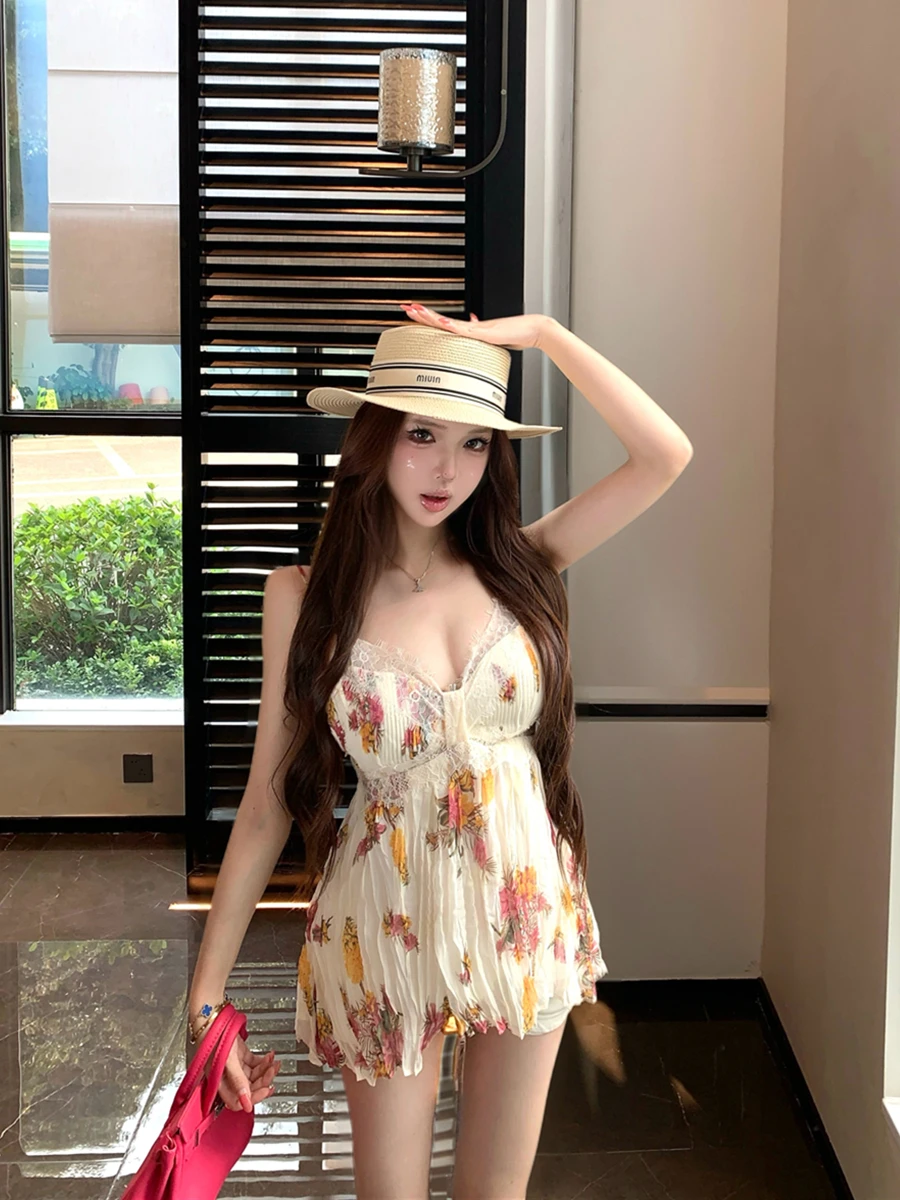 

Sexy Splice Lace Print Camisole Women's Summer Slim Fit Top Pure Desire Versatile Hot Girl Style V-neck Sleeveless Vest