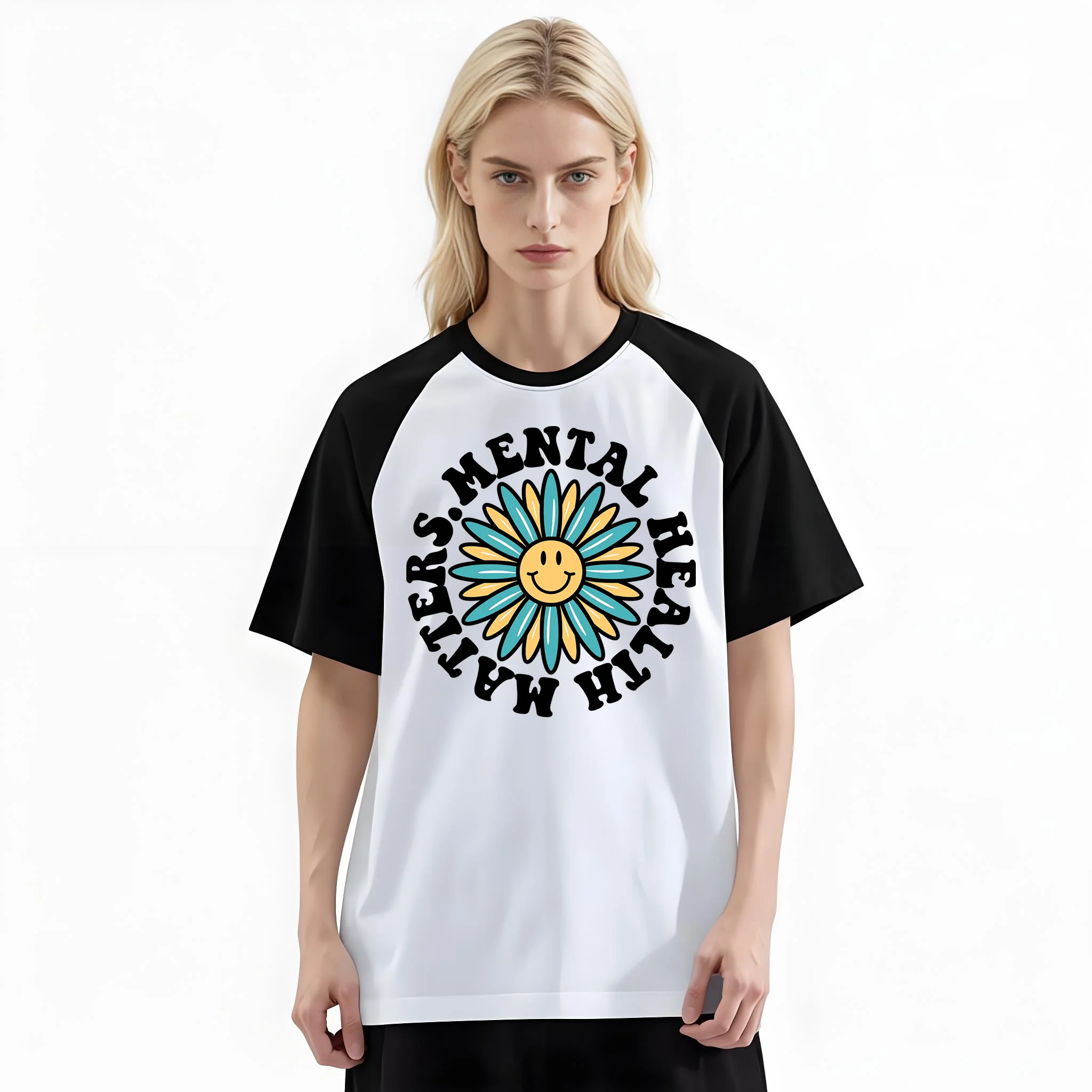 Women'S Fashion Raglan Sleeve T-Shirt, Mental Health Matters Sunflower Smile Printed, Summer Casual Comfortable Tee, Women'S Everyday Short-Sleeve Top