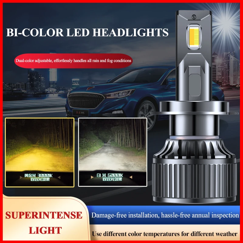 

Car LED headlights H1H7H3 dual color spotlight H4 high and low beam integrated modification strong 12V front headlights fog ligh