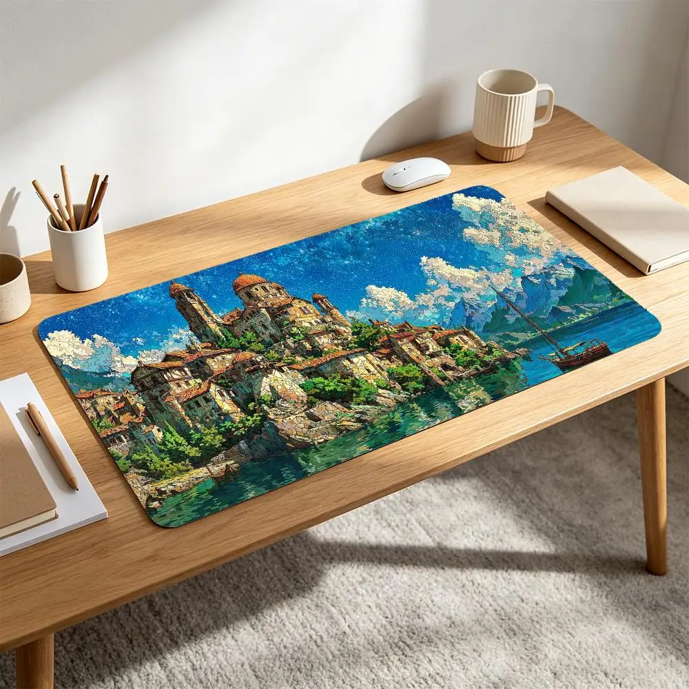 Lakeside European Castle Town Sailboat Starry Sky Large Gaming Mouse Pad Fantasy Coastal Landscape Desk Mat alfombrillas gaming