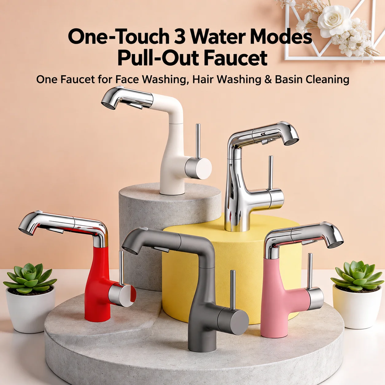 Pull Out Bathroom Sink Faucet 3 Mode Height Adjustable 360° Swivel Hot Cold Brass Basin Mixer Tap Upward Fountain