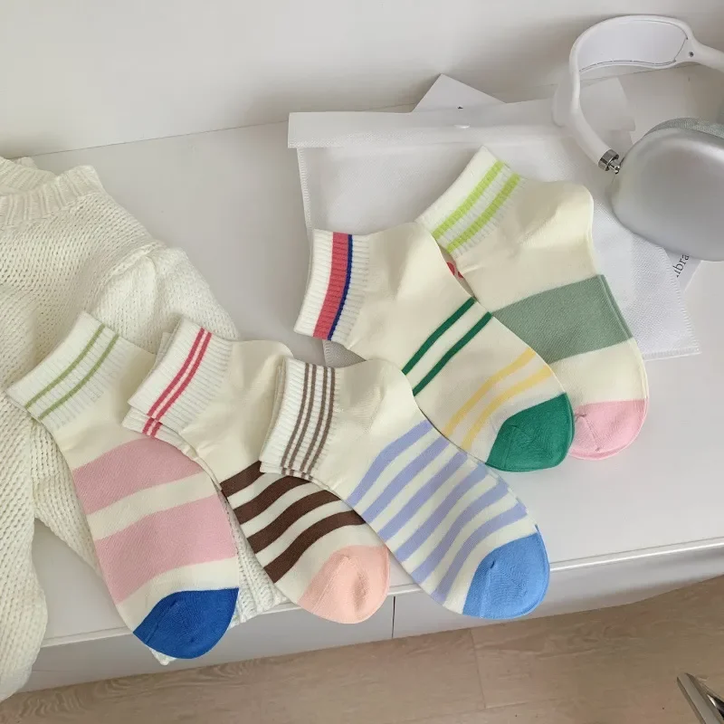 

2026 ins tide Korean college style women's socks versatile spring summer striped combed cotton low top student socks dopamine
