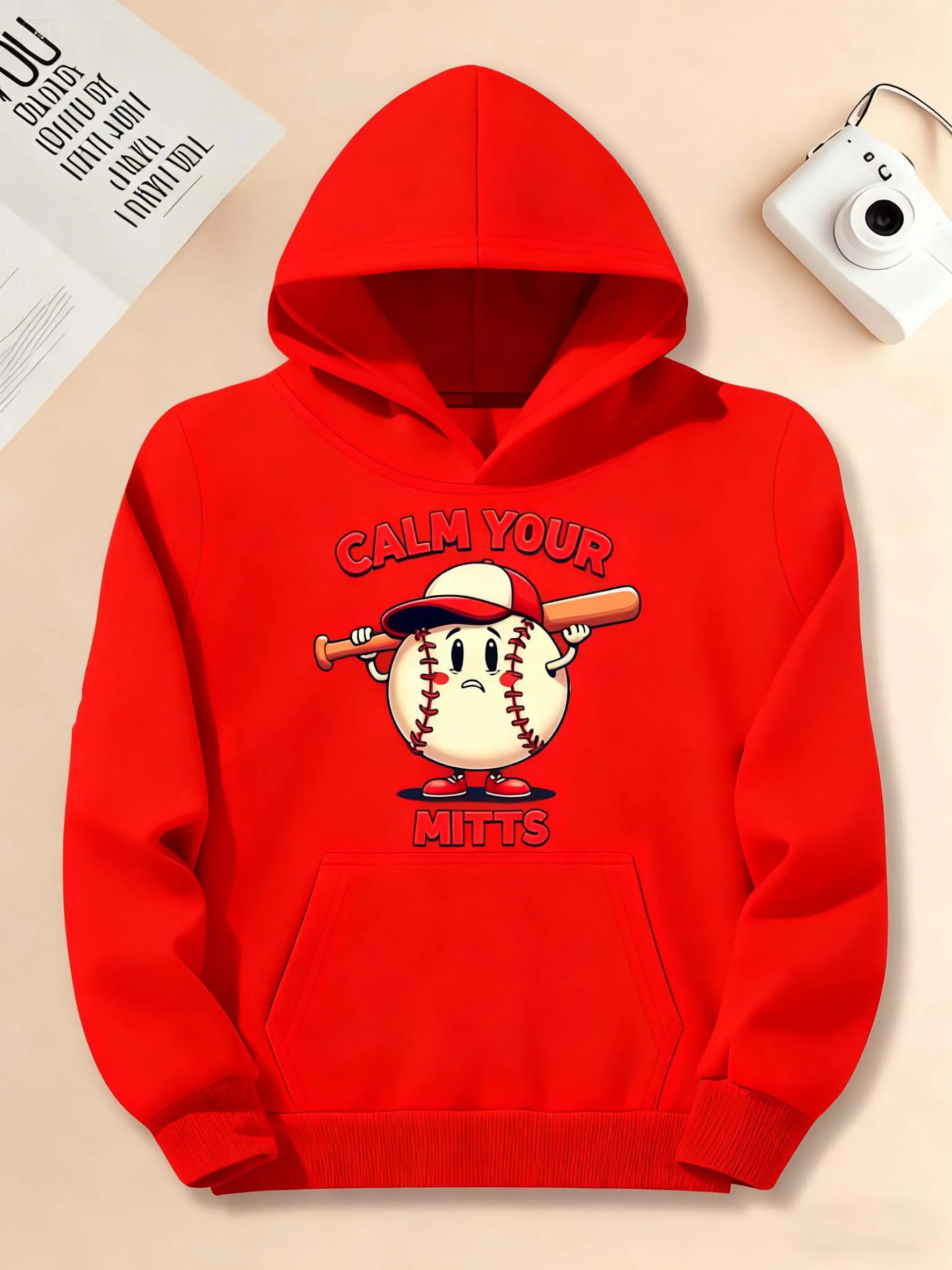 هوديي بنمط البيسبول للرجال - طباعة كرتونية مع كلمات حمراء، ملابس رياضية كاجوال مناسبة لعشاق البيسبول