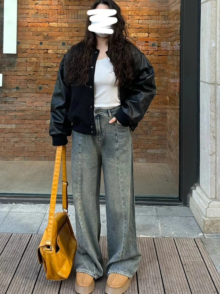 

Джинсы женские больших размеров в американском ретро-стиле, свободные, широкие, прямого кроя, стройнящие, весенние, модные, повседневные, с высокой талией