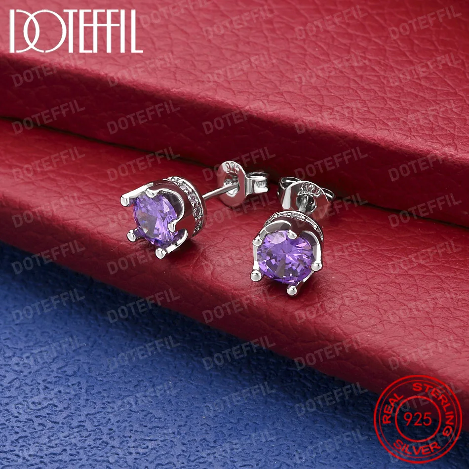 Luxuriöse Ohrstecker aus 925er-Sterlingsilber mit violetter Zirkonia und vier Krappen für Damen, Party- und Hochzeitsaccessoires, eleganter Schmuck