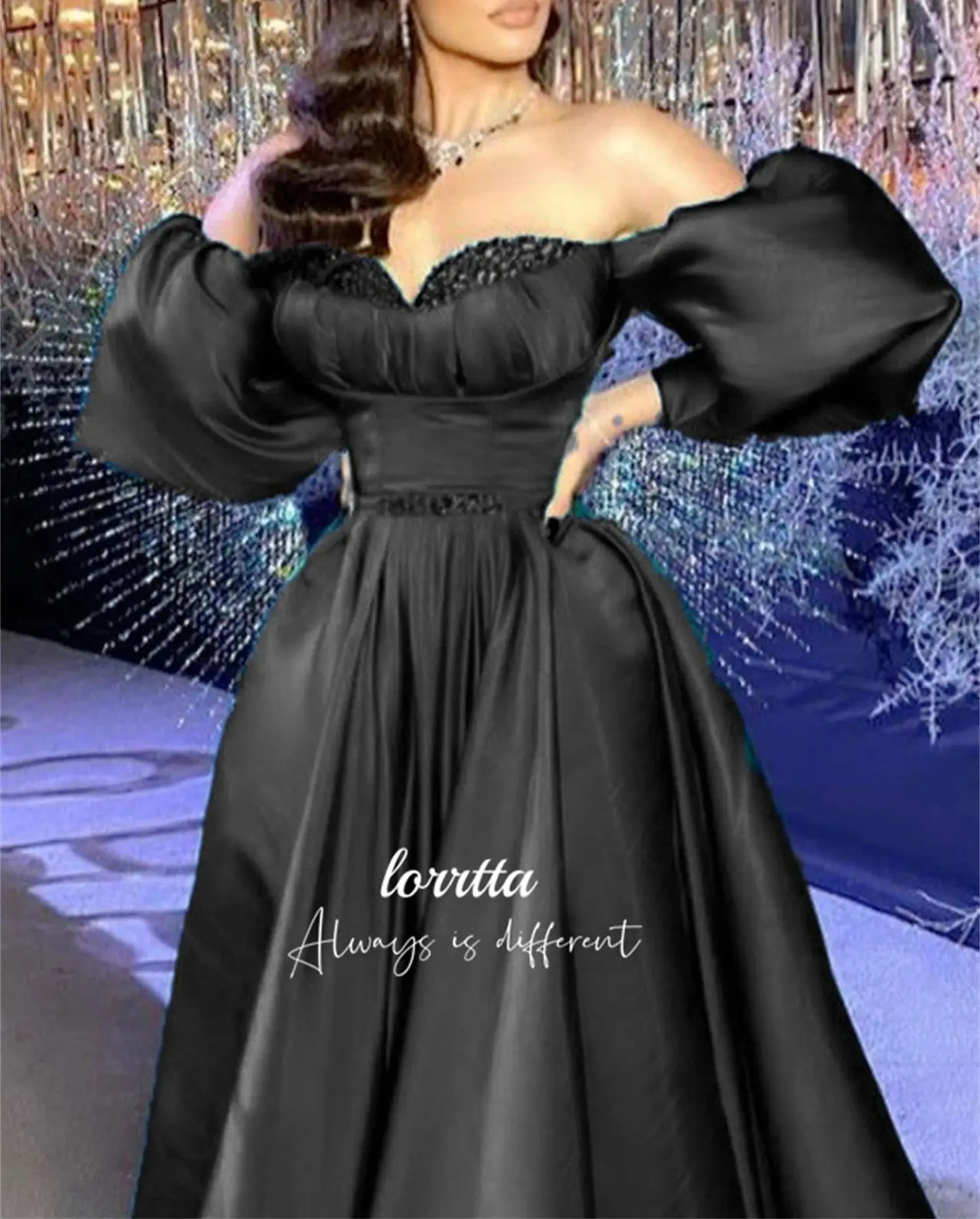 Lorrtta Beaded Decoration Evening Dress Line A Puff Sleeves Satin Black Dresses for Dancing Parties Ball Gowns Party