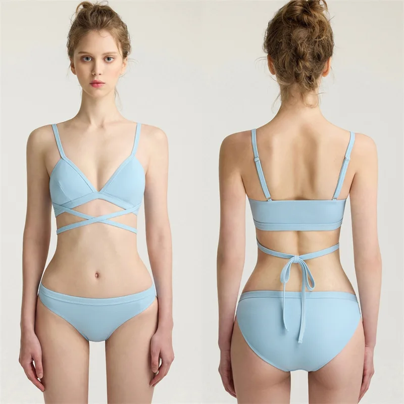 Roupa de banho feminina 2024 biquíni cor sólida banho sem costas sexy tankini duas peças primavera quente maiô roupas de praia M-XL