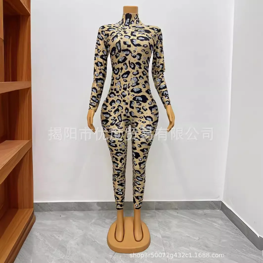 

Printed Personality DJ Reception Rhinestone Long Sleeve Birthday Dress Female Singer Night Jumpsuit Leopard Print Party Dresses