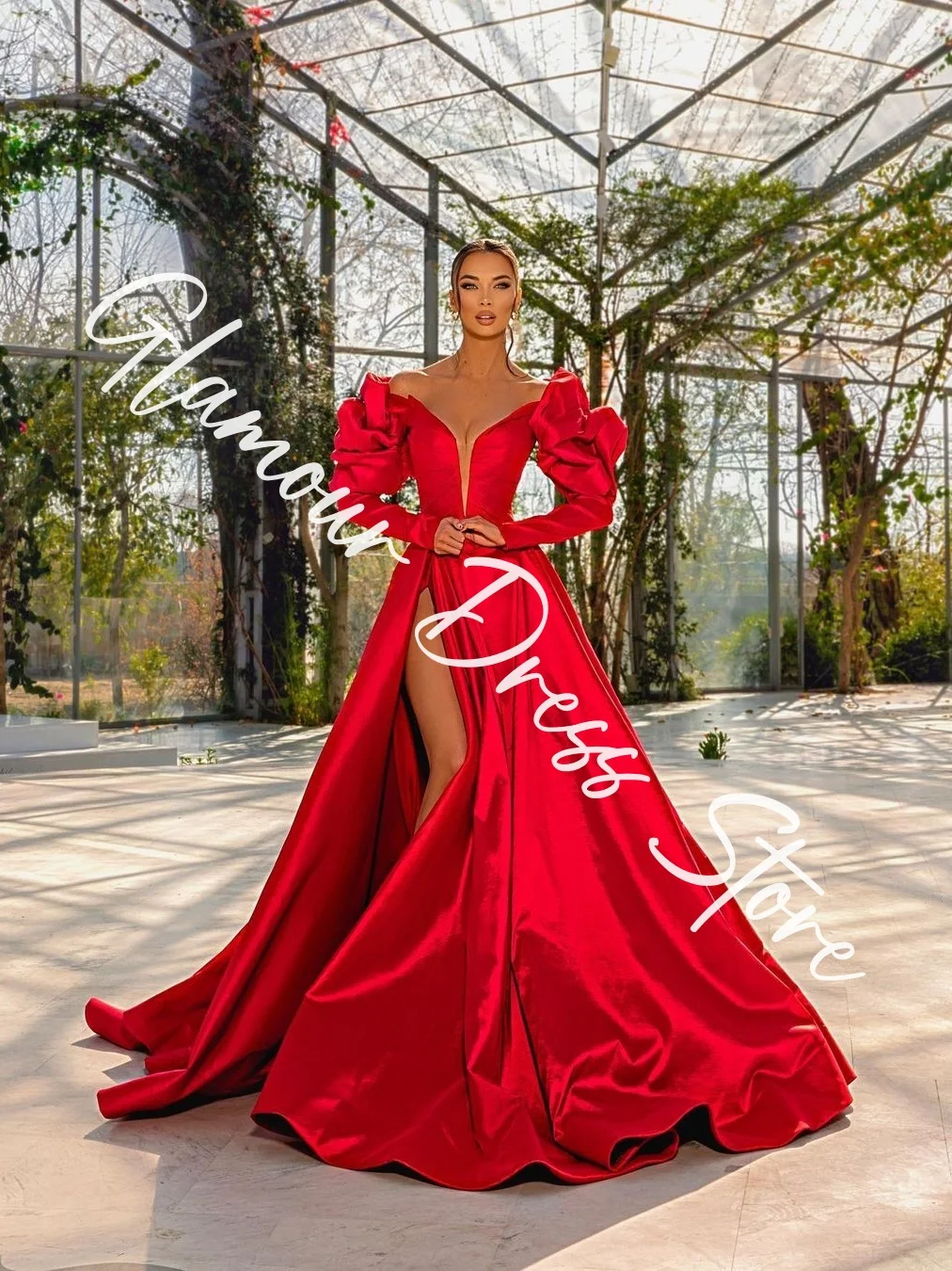 Customized Exquisite Satin A-Line Off The Shoulder Evening Dresses Strapless Long Sleeves Panel Train Red Celebrity Go