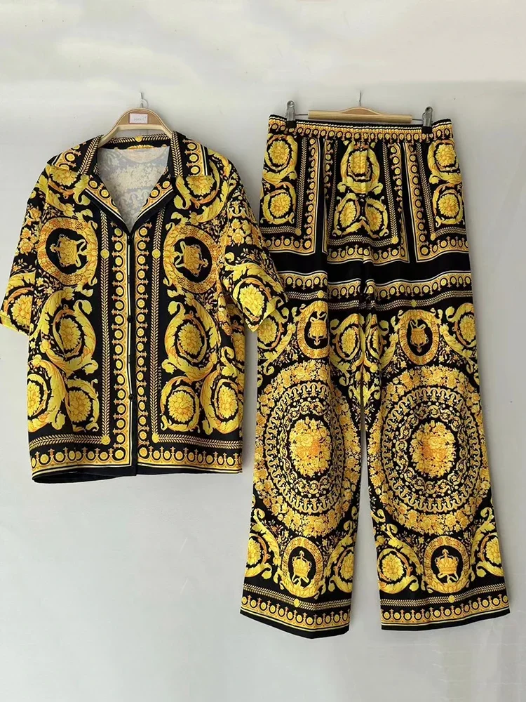 디자이너 레트로 기하학 프린트 스트레이트 레그 파자마 셔츠 투피스 세트 (2025년 여름 여성복) + 루즈핏 와이드 팬츠 세트