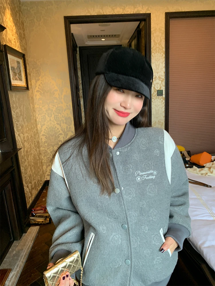 

ay Baseball Jaet Women's 2024 New Small Size Autumn Winter Outerwear Woolen Coat Commute Sle Loose Fit Long Sve Zipper