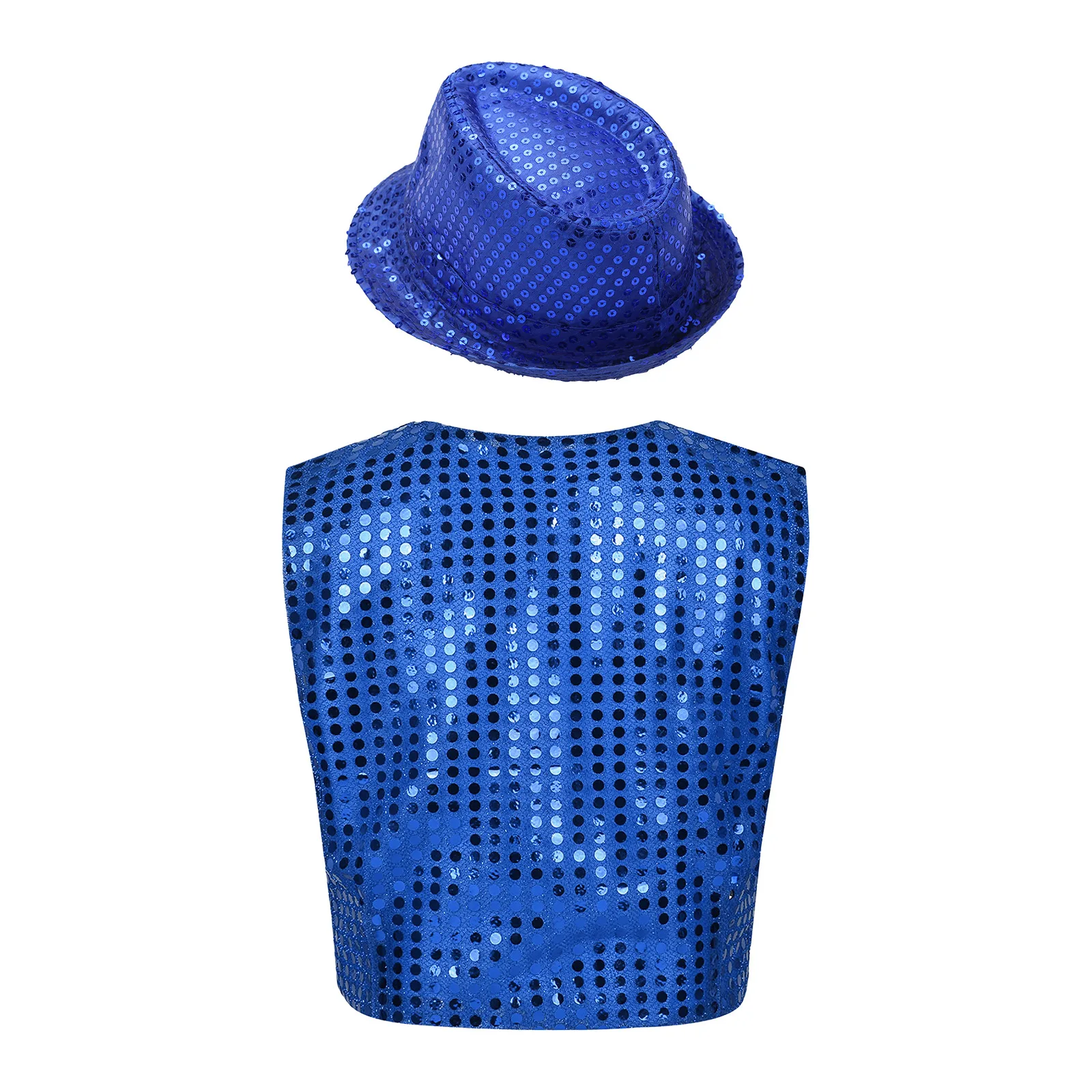 Kids Boys Glittery Sequins Vests Sleeveless Waistcoat with Hat Set for Hip Hop Jazz Performance Street Dance Costume