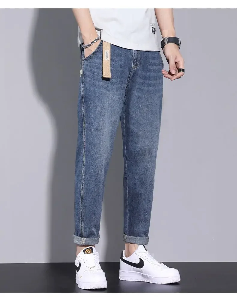 ジーンズ男性ハーレムパンツストレッチミッドウエストユーズド加工ウォッシュポケットストリートストレート足首丈ズボン基本デニム 2025